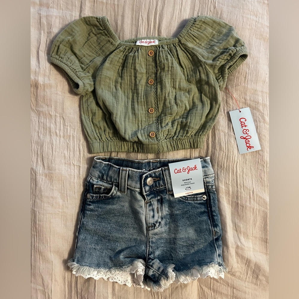 Cat & Jack Green Blouse and denim lace shorts